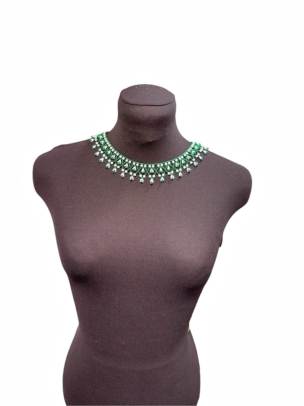 Handmade Green White Beaded Statement Necklace Faux Pearl Fringe Holiday Party